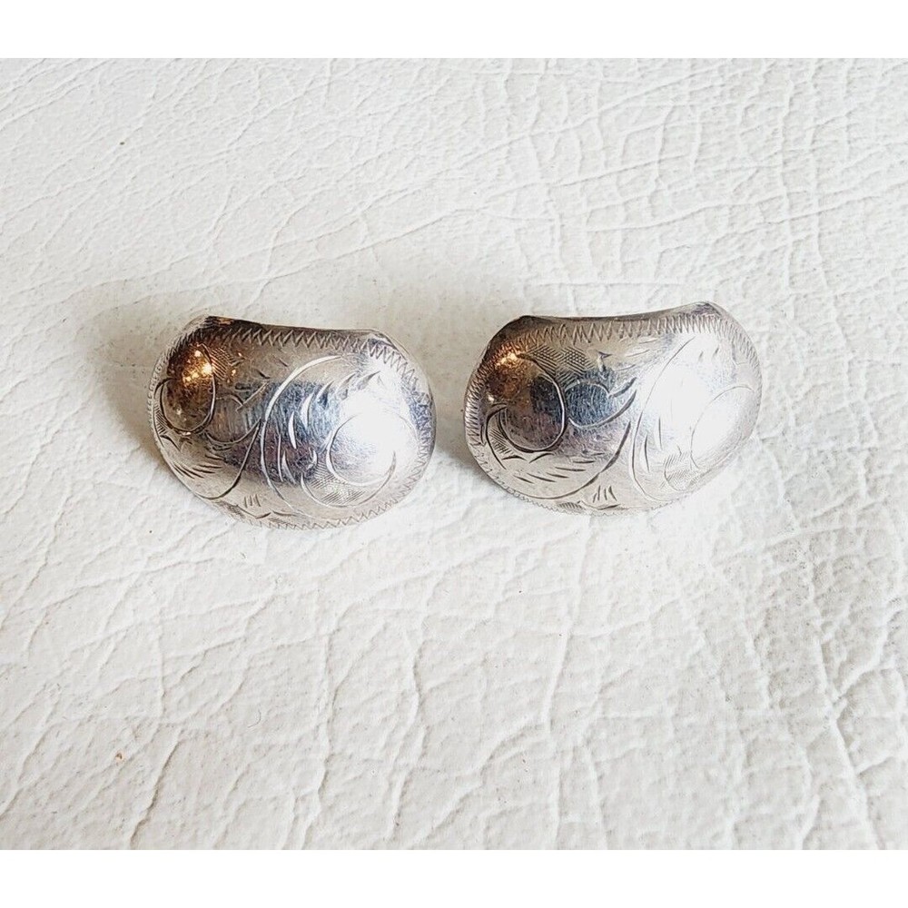 Vintage Sterling Silver 925 Ornate Etched Chunky Pierced  Earrings - Picture 3 of 8